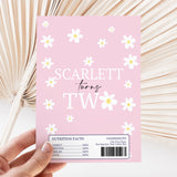 Pink chocolate bar wrapper with white daisy pattern, 'SCARLETT' and nutrition facts panel