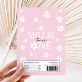 Pink chocolate bar wrapper with white daisy pattern and custom name text, barcode at bottom