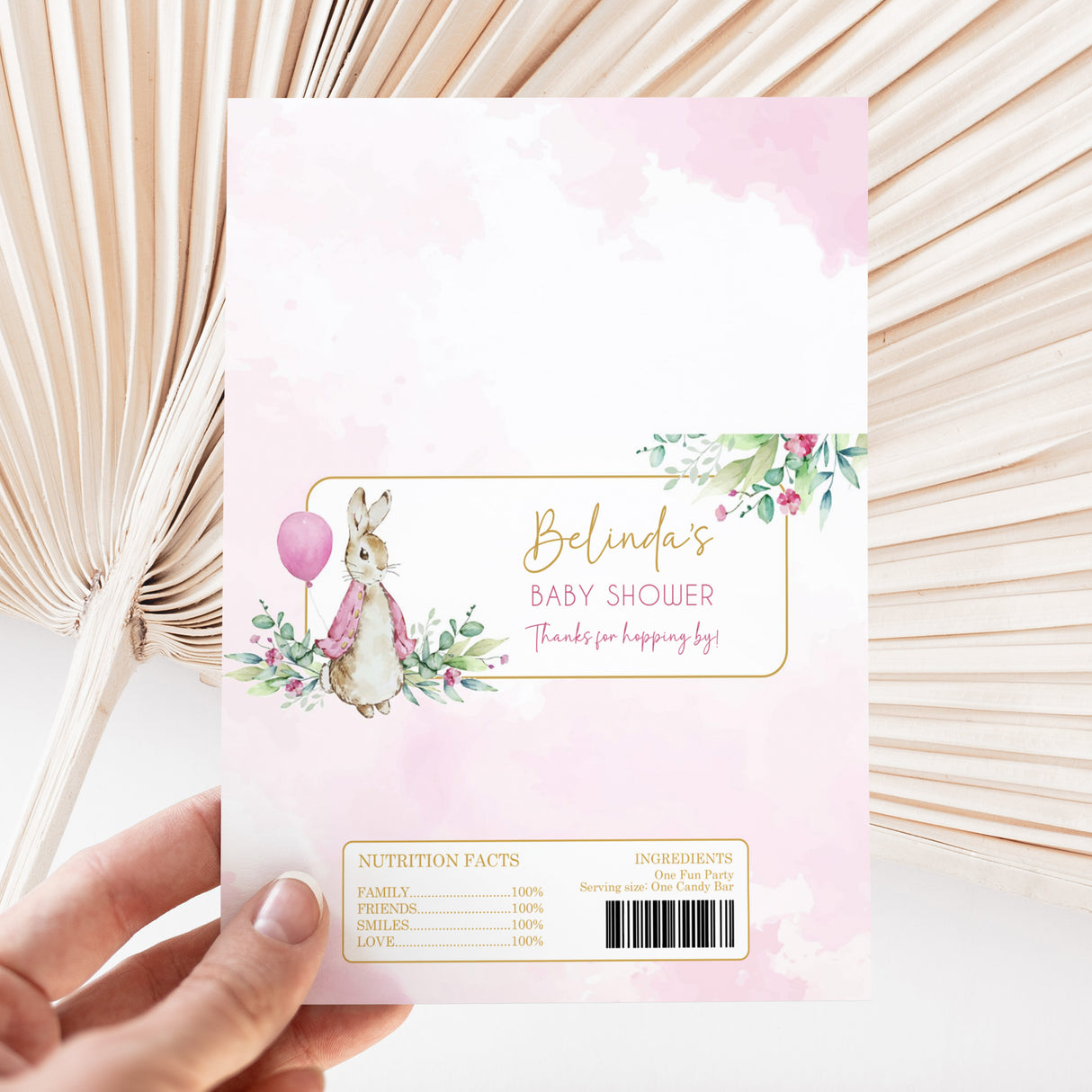 Pink Peter Rabbit baby shower wrapper for Belindas, with balloon and floral border