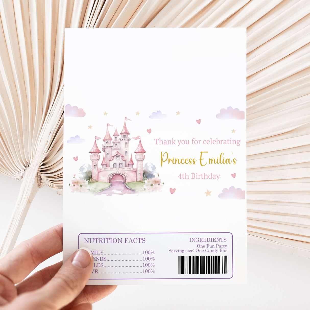 DIY chocolate wrapper sheet with castle print, thank-you message, barcode