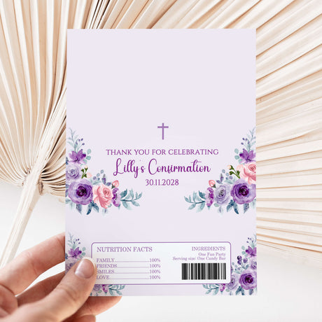 Purple floral confirmation DIY chocolate wrapper with cross, Thank You, Lily's Confirmation