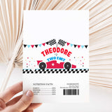 Chocolate wrapper sheet with race car print, “THEODORE” text, nutrition facts and barcode