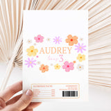 Printed chocolate wrapper sheet with daisies, 'AUDREY' and 'turns 3', nutrition label