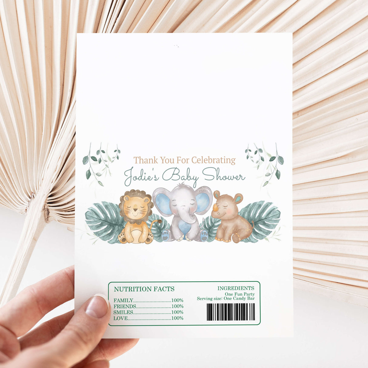 Safari animals baby shower thank-you printed chocolate wrapper with lion, elephant, and bear