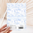 Blue safari printed chocolate wrapper with giraffes, animals, balloons, and custom name/date