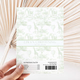 Green safari-themed chocolate wrapper sheet with elephant and giraffe print, christening text