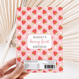 Pink chocolate wrapper sheet with strawberry pattern and "Hadley's berry first Birthday" text