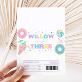 Printed chocolate wrapper sheet with pastel donut and ice cream graphics and text