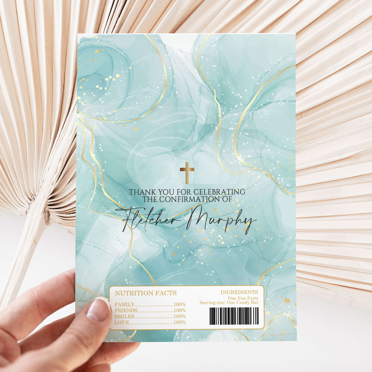 Teal marble confirmation chocolate wrapper, gold cross and thank-you text
