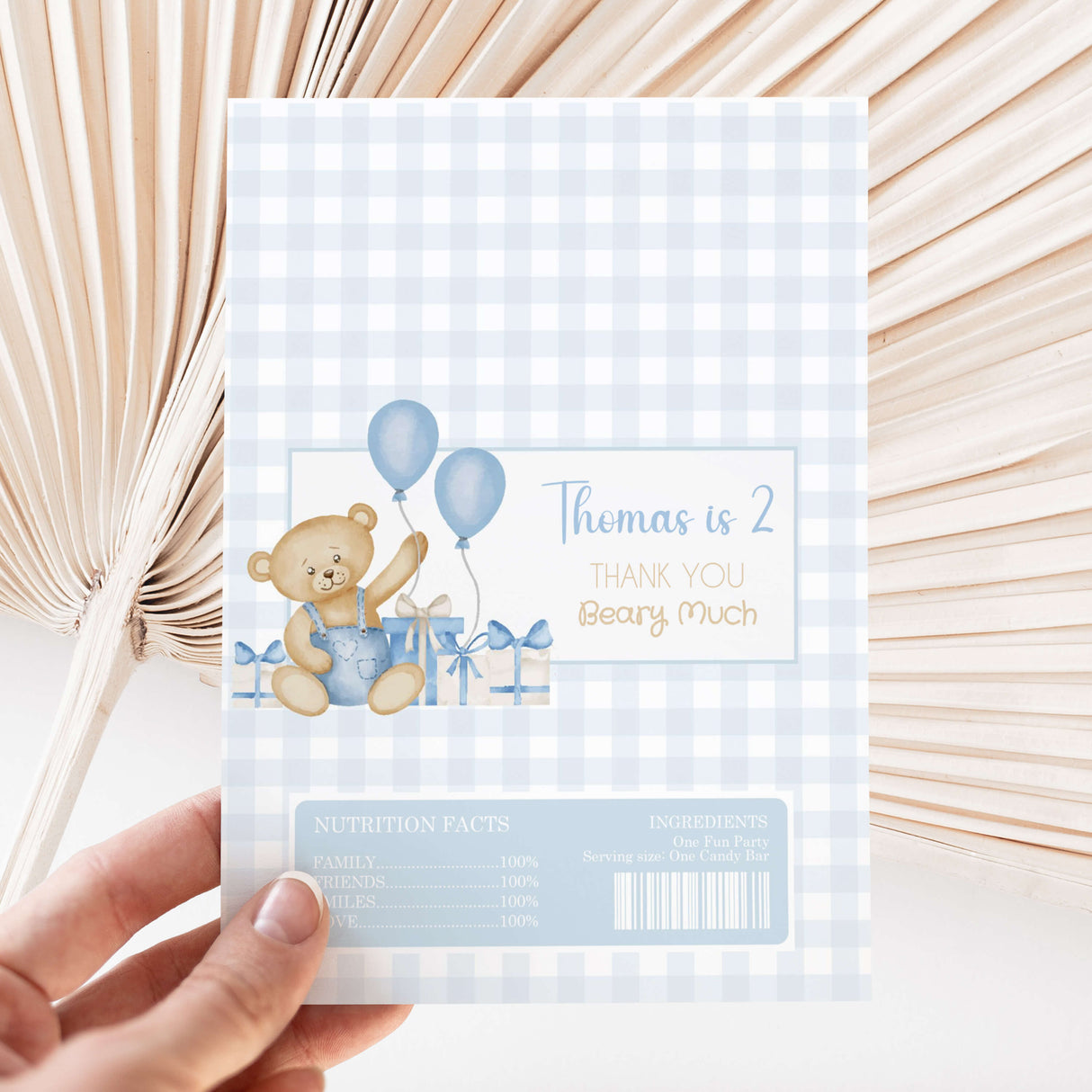 Blue gingham birthday chocolate wrapper with teddy bear holding balloons and thank you text