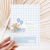 Blue gingham birthday chocolate wrapper with teddy bear holding balloons and thank you text