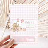 Pink gingham chocolate wrapper with teddy bear, balloons, and 'Ruby is 2' text
