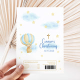 Christening chocolate wrapper with blue hot air balloon, baby, and stars; name Connor