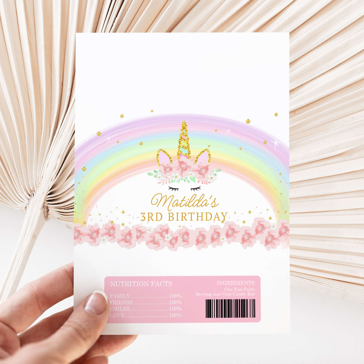 Unicorn rainbow birthday chocolate wrapper, 'Matilda's 3rd birthday' printed front