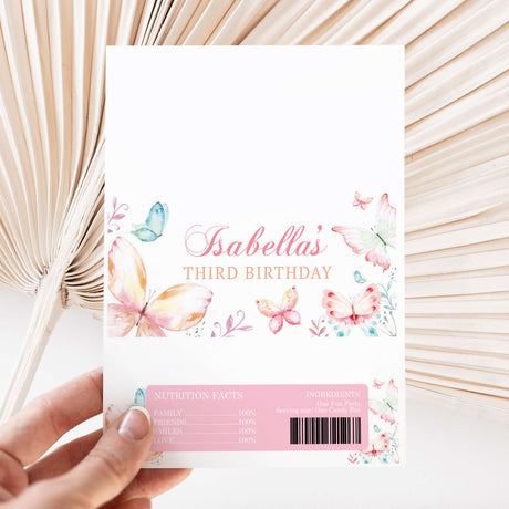 Printed birthday chocolate wrapper sheet with butterflies and name "Isabellas"