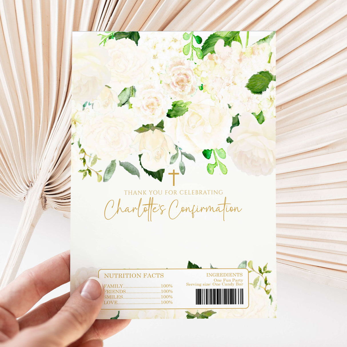 White floral confirmation DIY printed chocolate wrapper with green leaves and Thank you text