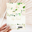 White wedding chocolate wrapper with green leaves, cream roses, thank-you text and names.
