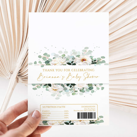 Printed chocolate wrapper with green greenery florals and thank-you baby shower text