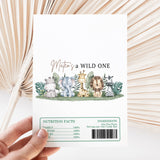 Safari-themed chocolate bar wrapper with “a WILD ONE” animal illustration and label