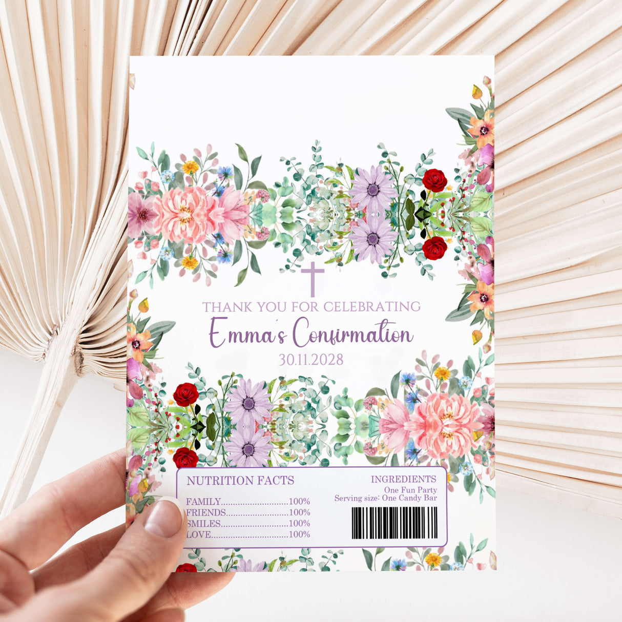 Floral chocolate wrapper: 'Emma's Confirmation' 'Thank you' text with barcode