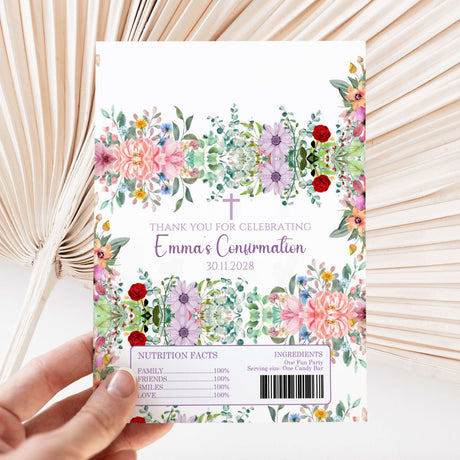Floral printed chocolate wrapper sheet for confirmation, with thank-you text and bouquet border