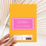 Orange chocolate wrapper with pink wavy birthday label and nutrition facts panel
