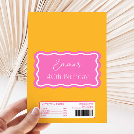 Yellow chocolate wrapper with pink frame: “Emma’s 40th Birthday” text and barcode