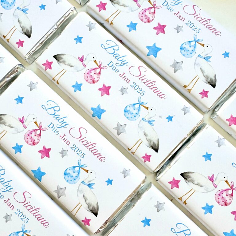 Pink & Blue Storks Custom Baby Party Chocolate Favours