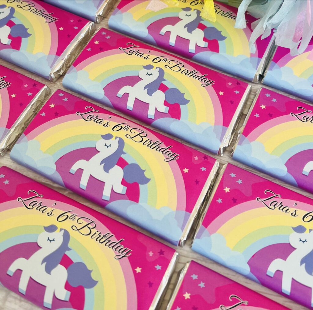 rainbow unicorn personalised chocolate bar favours