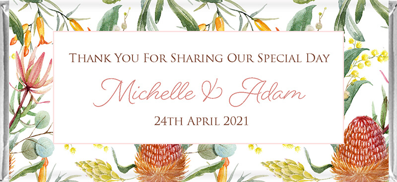 personalised chocolates,favours,australian leaf wedding,personalised floral favours