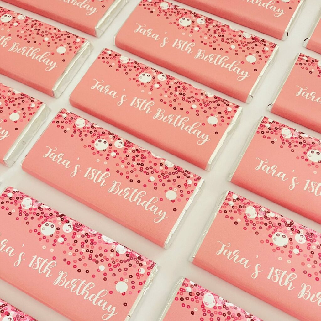 pink confetti personalised premium belgian chocolate bars