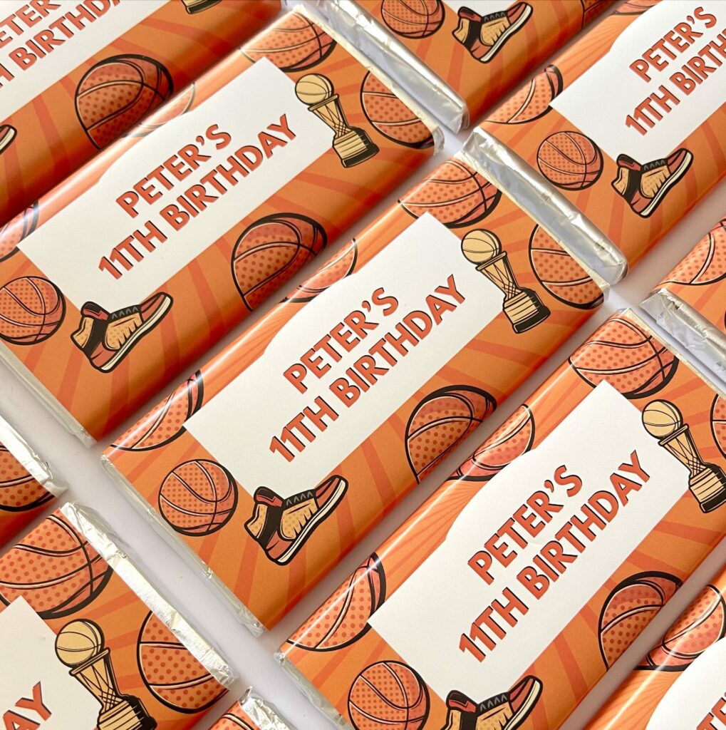 basketball party personalised chocolate bar favours