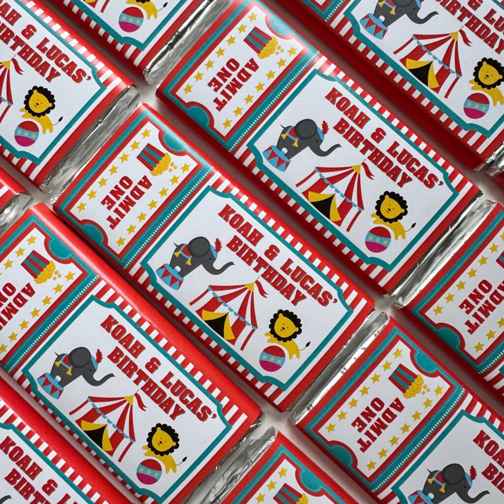 circus ticket themed chocolate bar favours