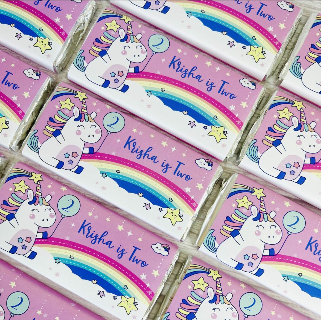 unicorn cutie personalised chocolate bar party favours