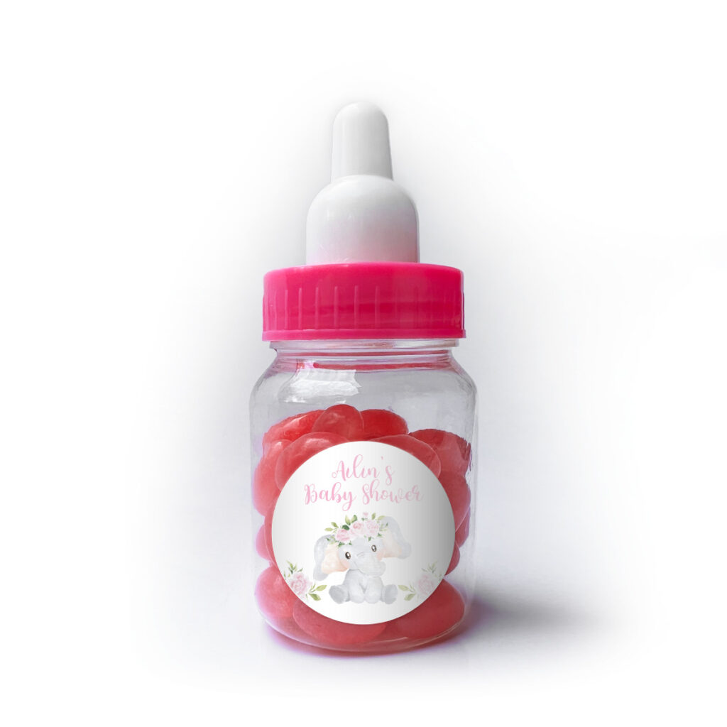 pink floral elephant custom baby bottle jelly beans