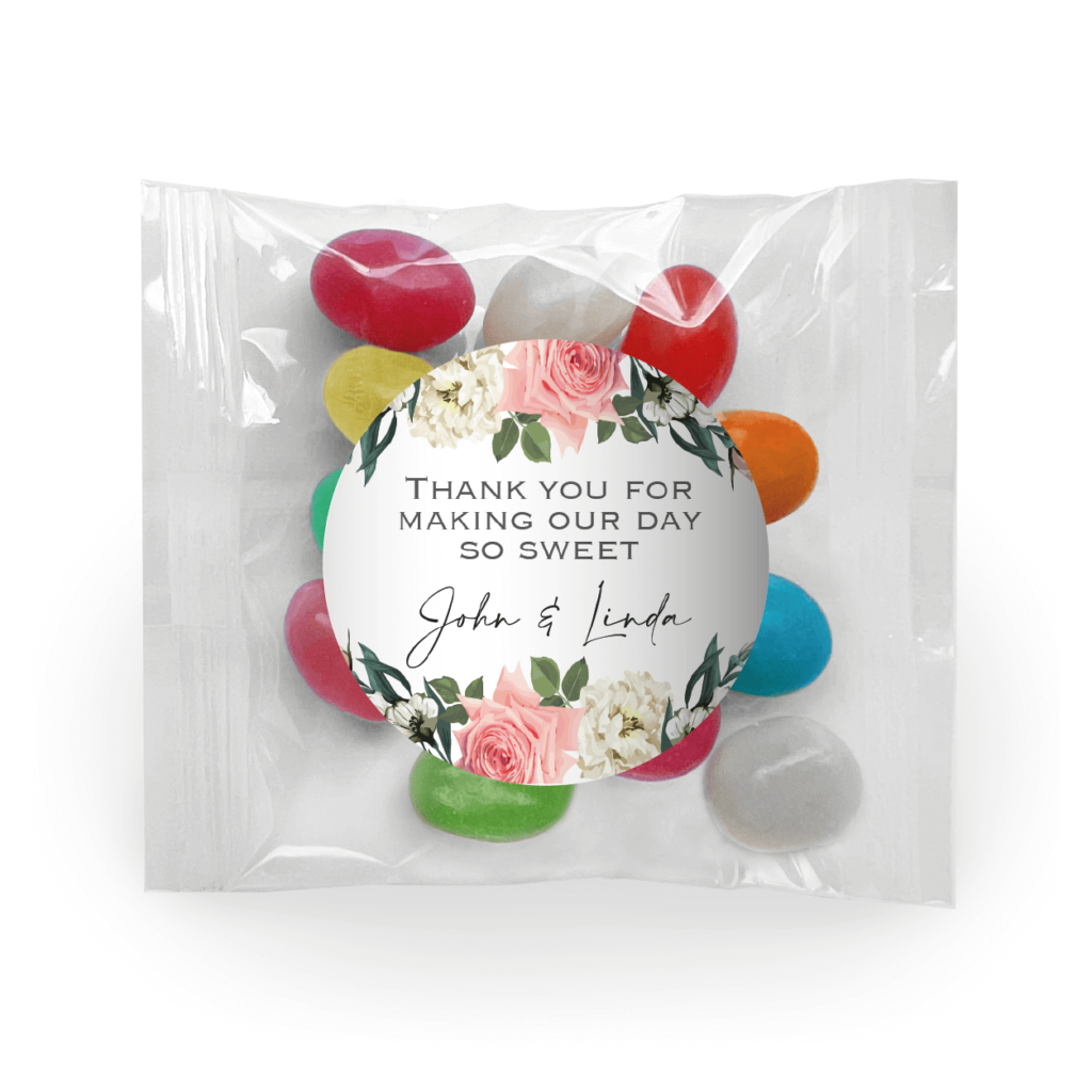 florals on white jelly bean favors