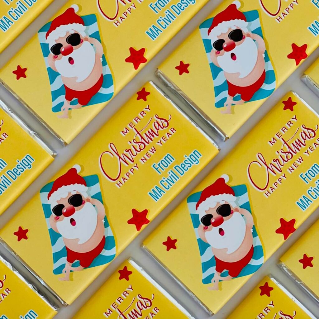 sunbaking santa personalised chocolate bars