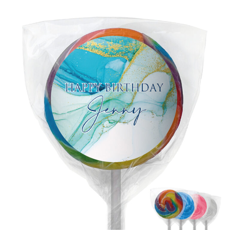 Turquoise Blue & Gold Marble Personalised Lollipops