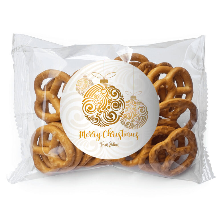 White & Gold Christmas Baubles Personalised Pretzel Bags