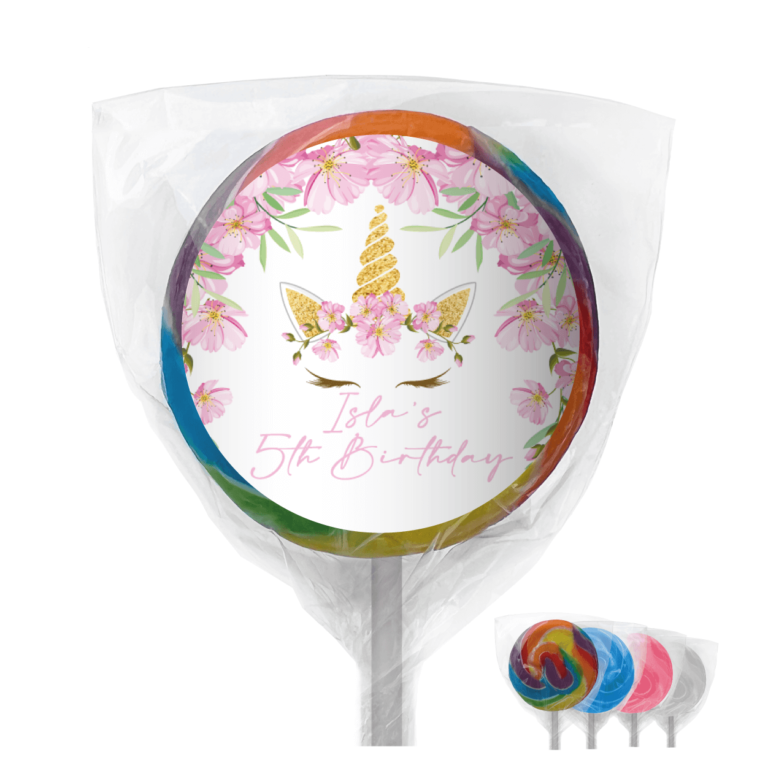 Pink Floral Unicorn Personalised Lollipops