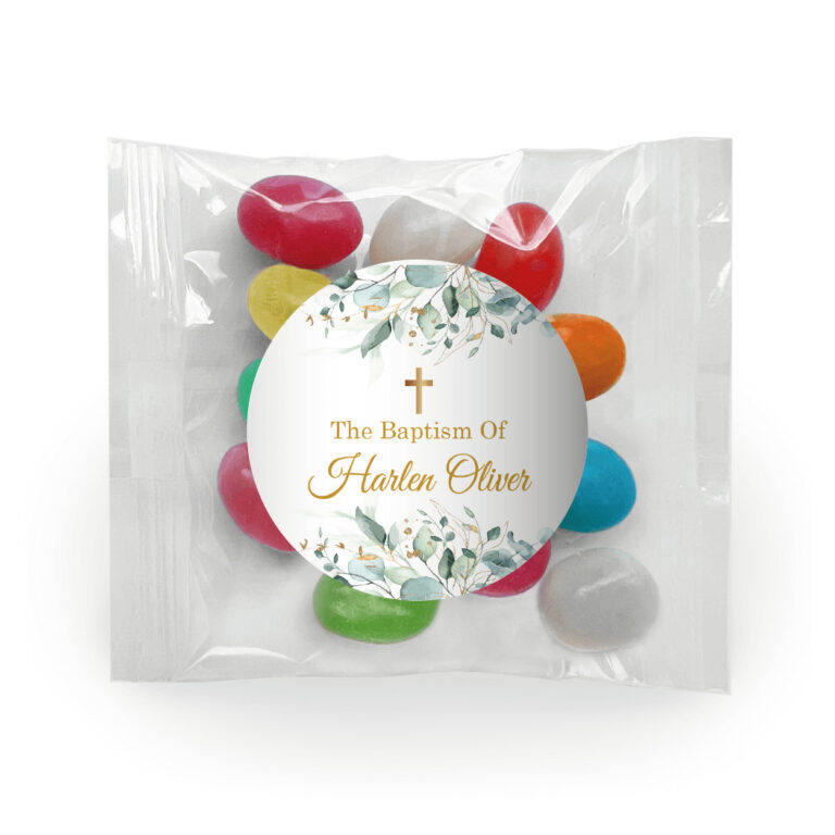 Green Leaves & Gold Cross Personalised Jelly Beans