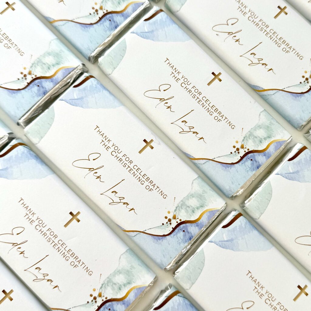 blue & gold watercolour & cross chocolate bars