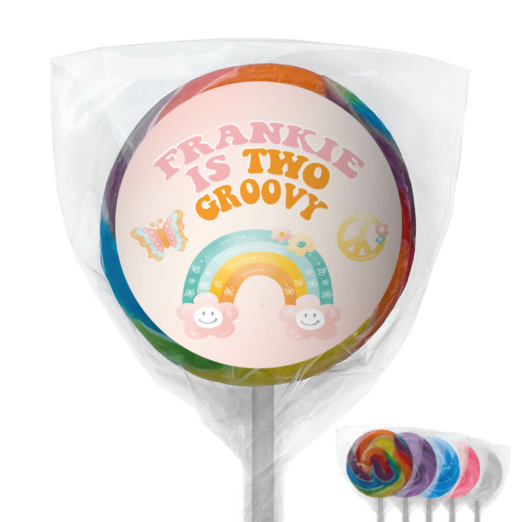 groovy retro personalised lollipop party favours