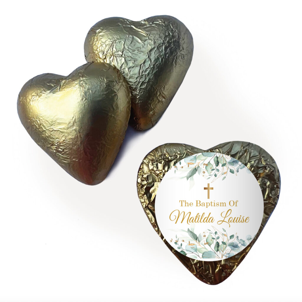 green leaves and gold cross chocolate hearts