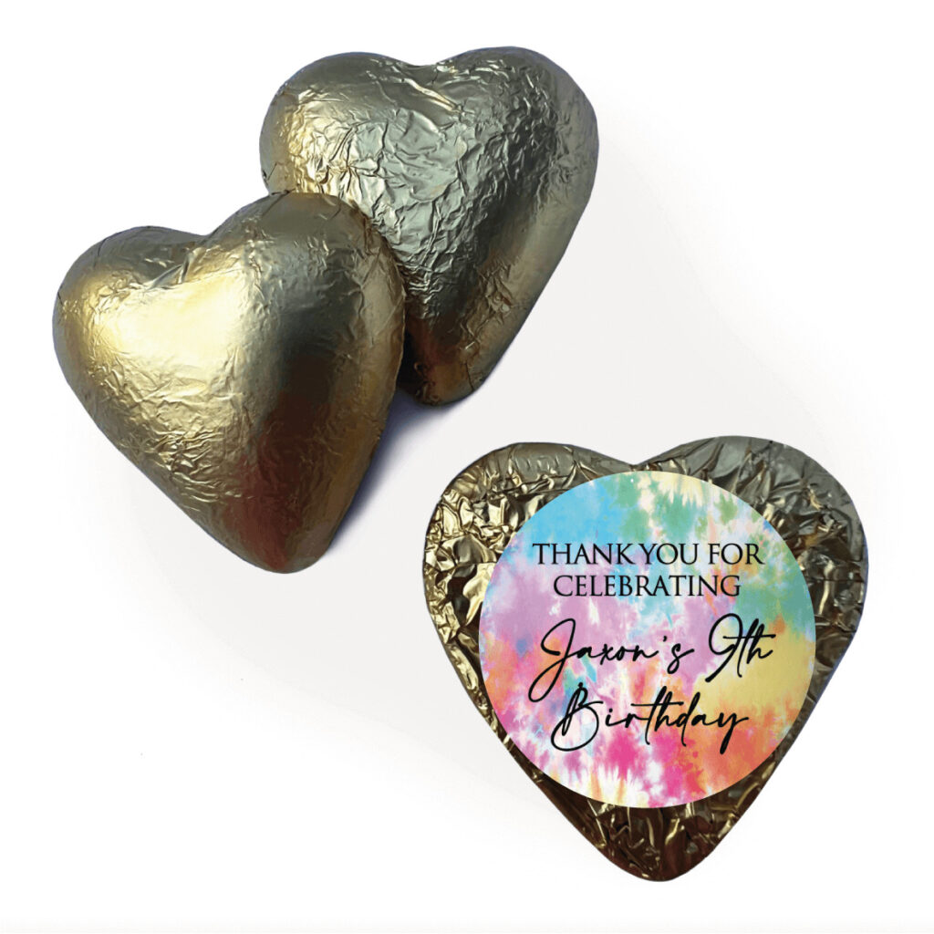 tye dye theme custom foil chocolate hearts