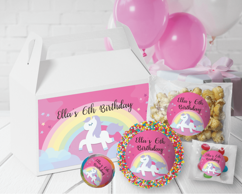 rainbow unicorn theme personalised kids party lolly box pack