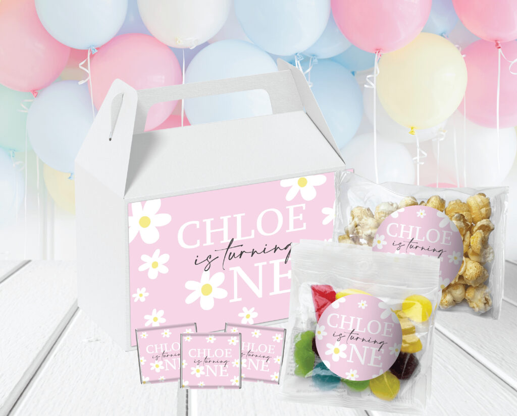 Shop for pink daisy theme personalised kids' birthday party lolly box pack - Australia