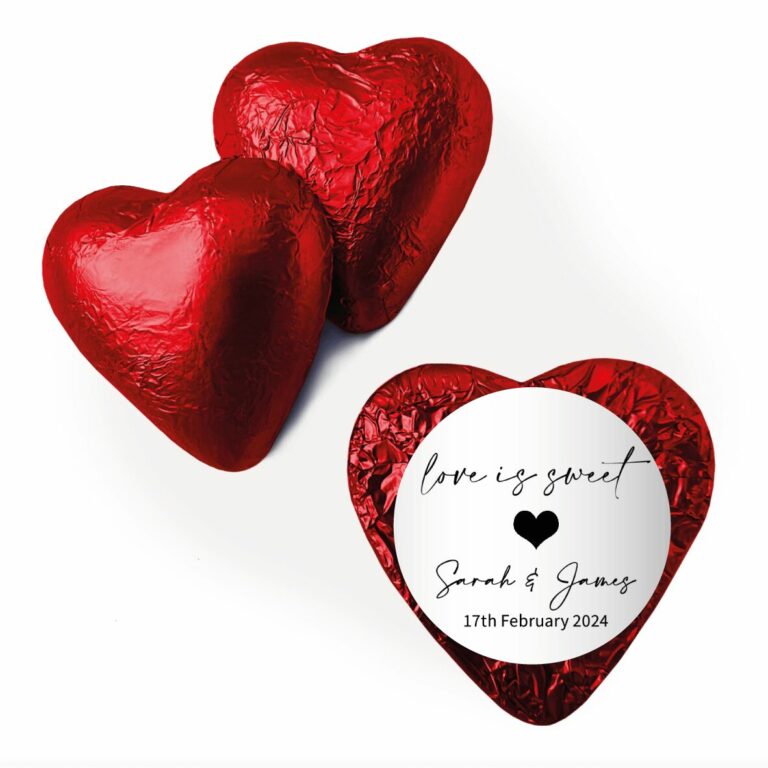 Love Is Sweet Black & White Custom Foil Chocolate Hearts