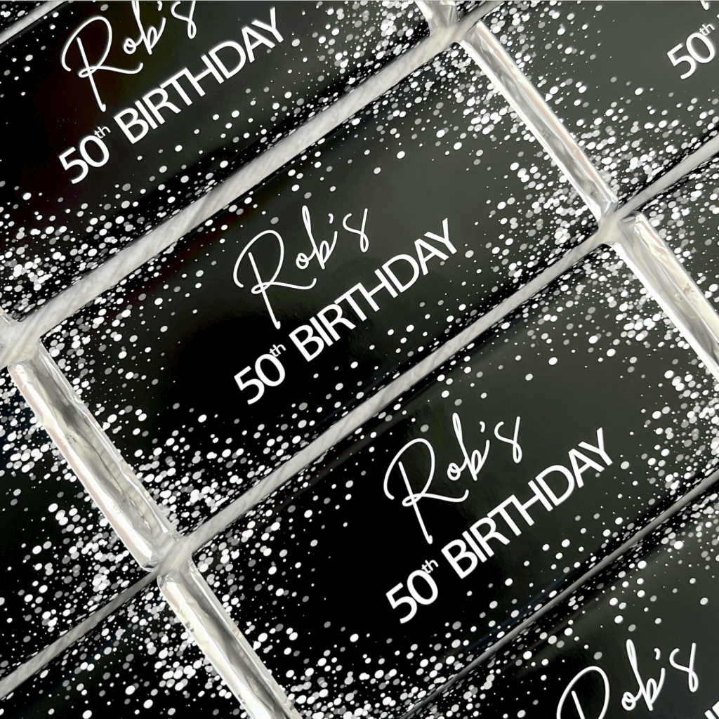 black and white confetti chocolate bar favors