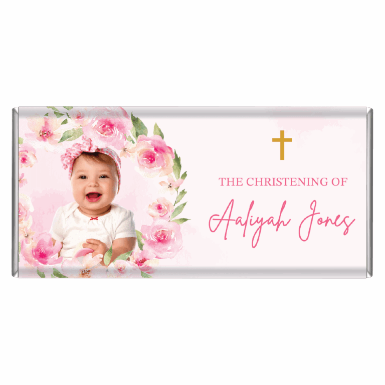 Pink Floral Wreath & Photo Custom Christening Chocolate Bars